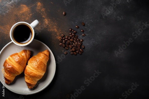 Freshly baked French croissants topped with coffee viewed from above on a black stone background Delicious
