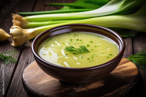 Freshly made leek soup presented in a bowl on a wooden surface