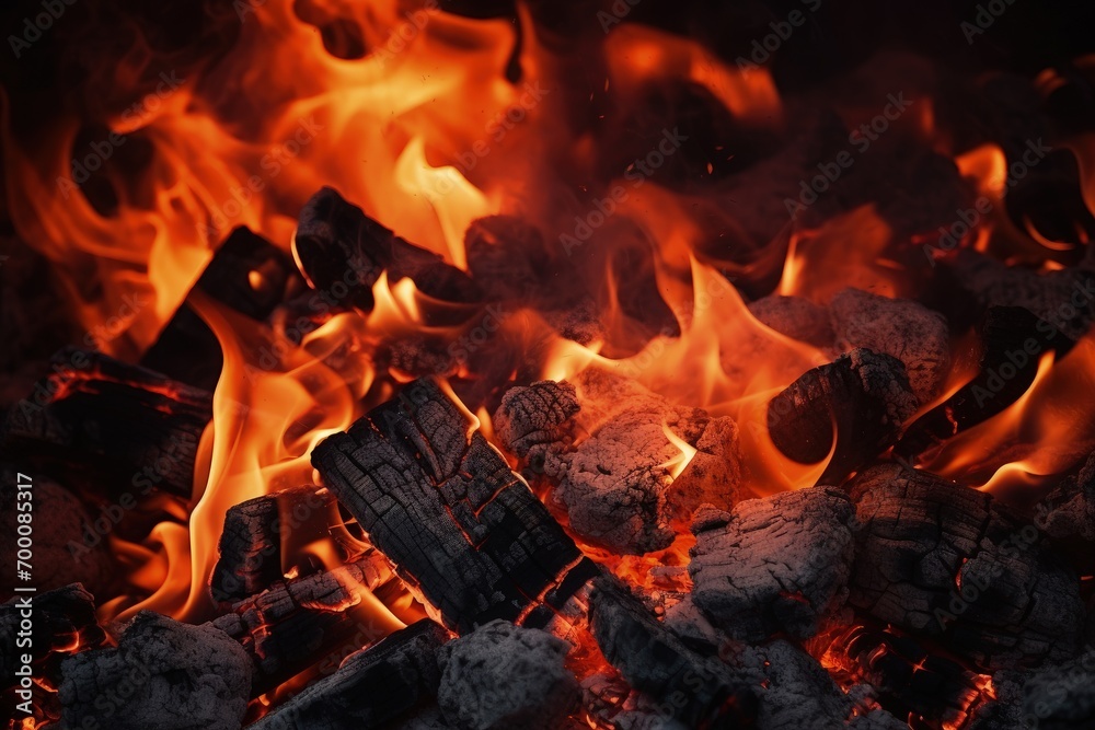 Glowing hot coals and smoldering fire s embers flickering in the dark Glowing hot coals and smoldering fire s embers flickering in the dark