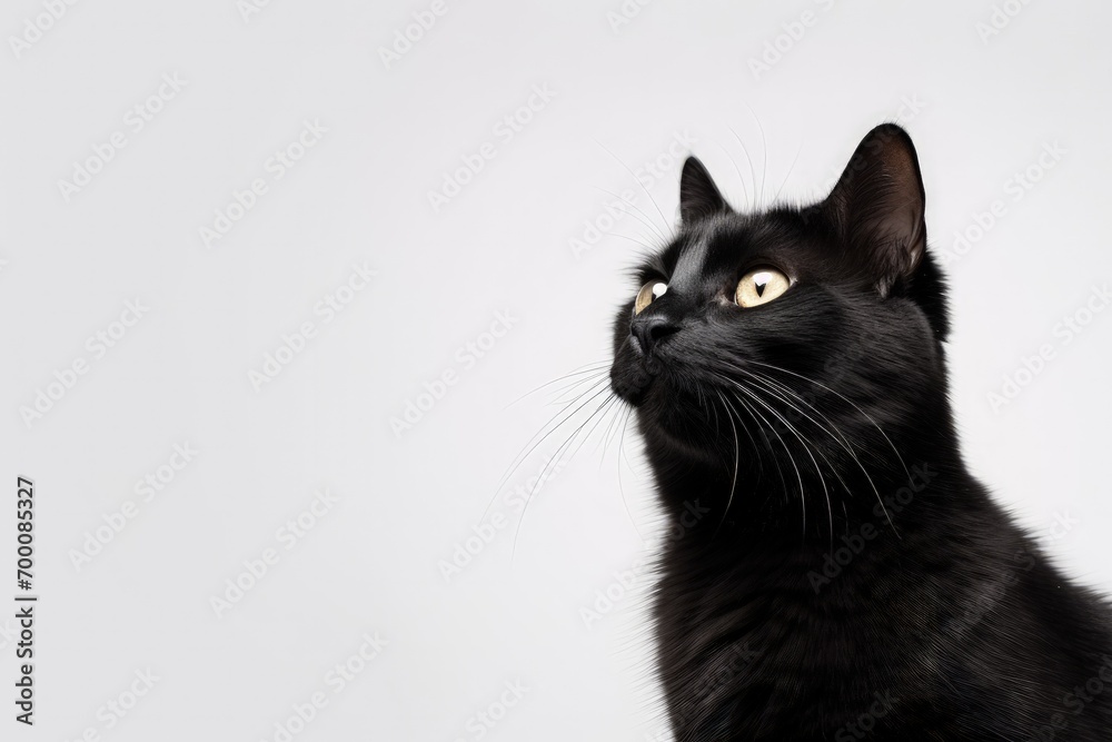 Graceful black purebred cat ready to eat isolated on white Depicting domestic animals pets love comfort Copy space for advertisements