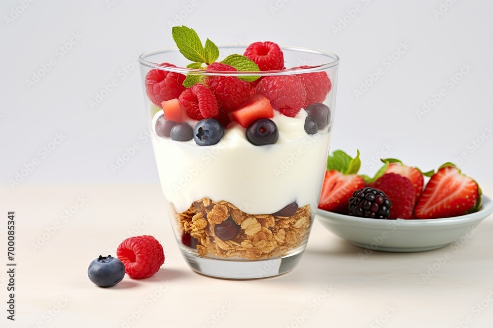 Granola yogurt fruits and berries on a white background comprising a nutritious breakfast Granola yogurt fruits and berries on a white background comprising a nutritious breakfast