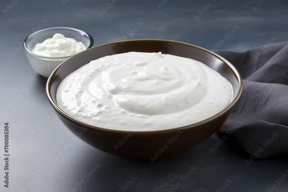 Greek yogurt in traditional dish on gray surface