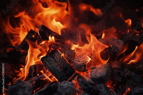 Glowing hot coals and smoldering fire s embers flickering in the dark