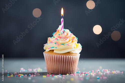 Gray background with copyspace featuring pastel sprinkles and one candle on birthday cupcake