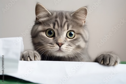 Gray cat with green eyes on white paper with light background paws held