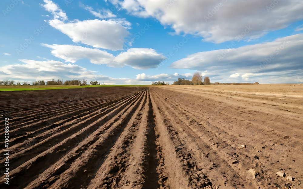 Furrows row pattern in a plowed field prepared for planting crops in spring Furrows row pattern in a plowed field prepared for planting crops in spring