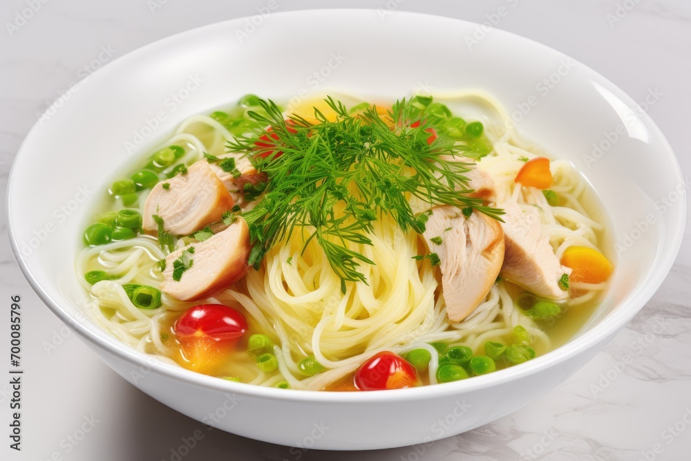 Healthy and comforting homemade chicken noodle soup on a white background