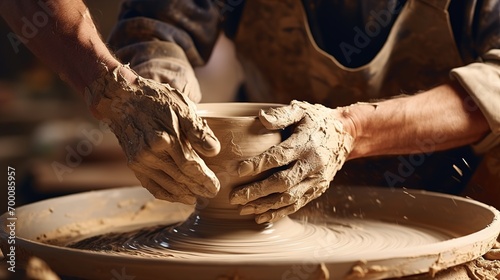 Working on pottery wheel. Ai generative photo