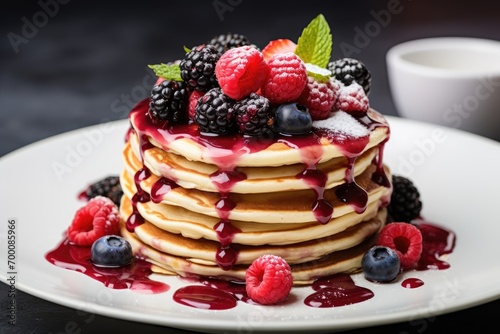 Healthy breakfast of pancakes topped with forest fruits berries like blueberries and raspberries on a white table