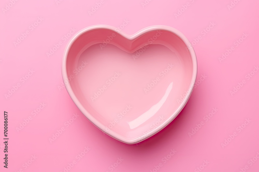 Heart shaped pink ceramic bowl on pink background Overhead view Copy space Valentine s Day card