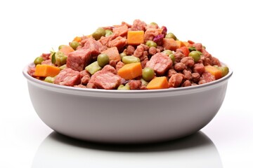 Healthy premium homemade pet food for dogs and cats with meat and vegetables in a bowl seen from a low angle and isolated on white