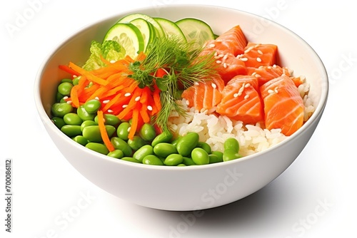 Healthy pokÃ bowl featuring fresh salmon rice chukka salad edamame beans carrots and cucumber placed on a white surface