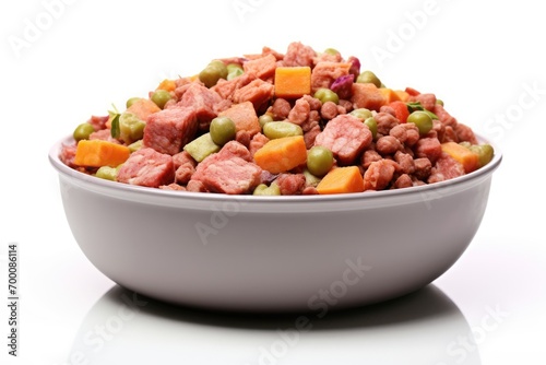Healthy premium homemade pet food for dogs and cats with meat and vegetables in a bowl seen from a low angle and isolated on white