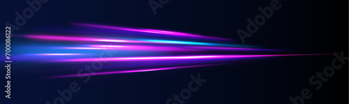 Neon glowing lines, spiral effect, fast car speed. Speed light streaks vector background with blurred fast moving light effect, blue purple colors on black.	