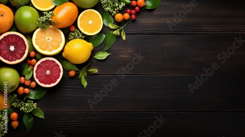 Citrus pieces on a wooden table. Copy space. Ai generative © Ewa