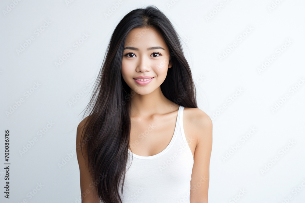Asian girl radiates joy, standing confidently in her vibrant camisole against a clean, white backdrop, bringing a sense of positivity and energy. Generative AI. Asian girl radiates joy, standing confidently in her vibrant camisole against a clean, white backdrop, bringing a sense of positivity and energy. Generative AI.