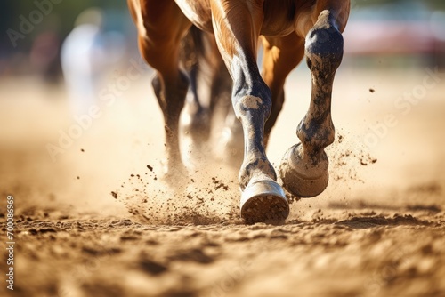 Horse s hoofs seen up close while show jumping in sand