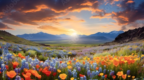 Beautiful panoramic landscape with meadow and wildflowers