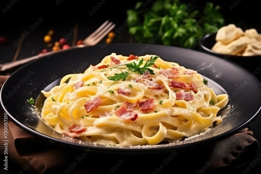 Italian food Homemade fettuccine carbonara with eggs cheese cured pork and black pepper Italian food Homemade fettuccine carbonara with eggs cheese cured pork and black pepper