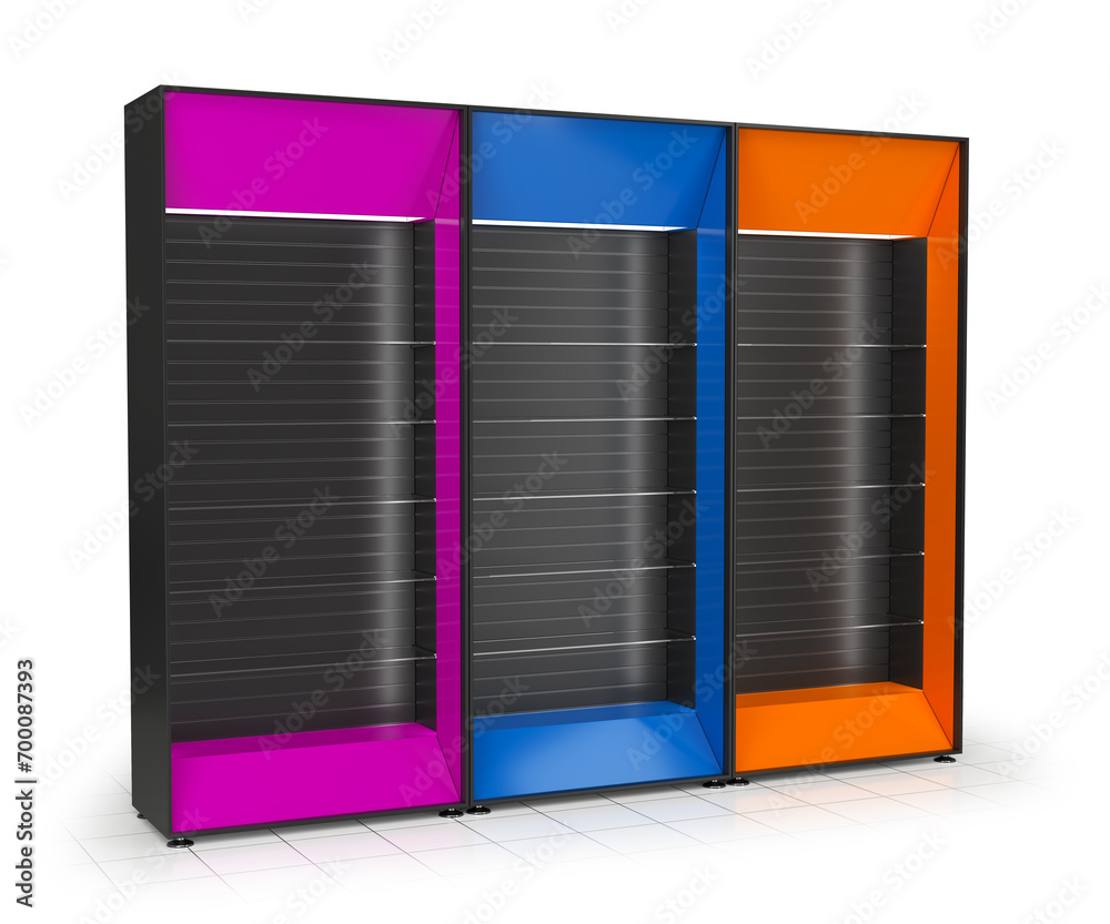 Retail slatwall display stands with glass shelves and topper. 3d illustration Retail slatwall display stands with glass shelves and topper. 3d illustration