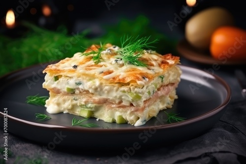 Italian pasta made of flat sheets baked in an oven with salmon fish zucchini bechamel sauce parmesan cheese and leek photo