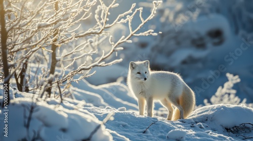 A stunning image of a white wolf in its natural arctic environment, captured through wildlife photography.