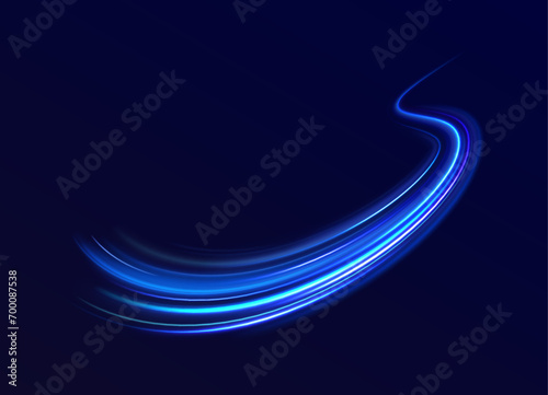 Blue glowing shiny lines effect vector background. Luminous white lines of speed. Light glowing effect. Light trail wave, fire path trace line and incandescence curve twirl.	