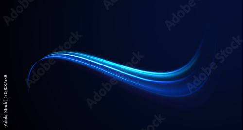 Luminous blue lines speed. Neon color glowing lines background, high-speed light trails effect. Futuristic dynamic motion technology. 