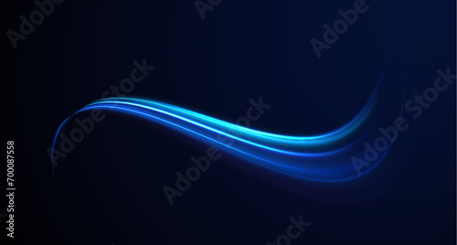 Luminous blue lines speed. Neon color glowing lines background, high-speed light trails effect. Futuristic dynamic motion technology.	