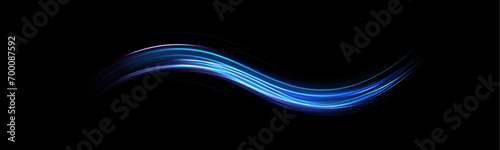 Blue wind waves effect. Abstract light motion trails with sparkles isolated on black background. Light blue Twirl. Curve light effect of blue line. Luminous blue circle. 