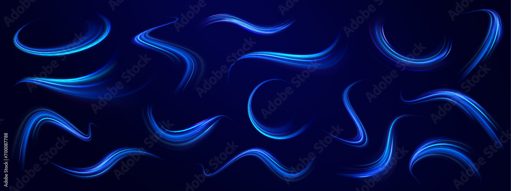 Luminous blue lines speed. Neon color glowing lines background, high-speed light trails effect. Futuristic dynamic motion technology.	