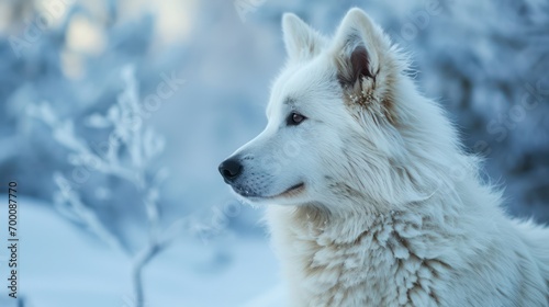 Wildlife photograph featuring a close-up white wolf against the backdrop of a snowy arctic landscape. 