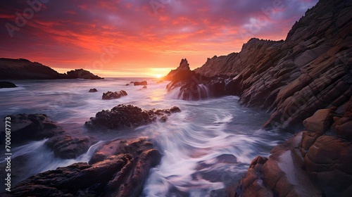Long exposure of a beautiful sunset over a rocky beach in Cornwall.
