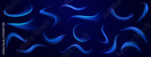 Luminous blue lines speed. Neon color glowing lines background, high-speed light trails effect. Futuristic dynamic motion technology. 