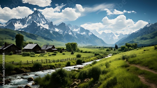 Beautiful panorama of mountain valley with river and village in summer