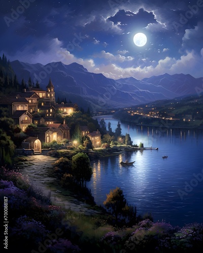 Illustration of Lake Como in Italy at night with a full moon