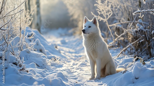 Wildlife photograph featuring a white wolf against the backdrop of a snowy arctic landscape.
 photo