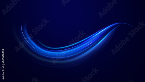 Elegant bright neon linear wave. Abstract light lines of movement and speed with blue color and sparkles. Vector background. Neon glowing curves strewn with sparks in a dark space. 