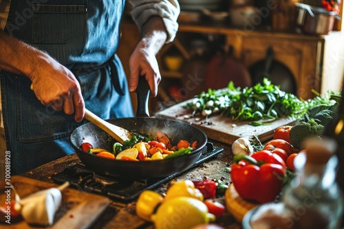 A man preparing vegetable stew and salad from fresh ingredients in the kitchen. healthy lunch photo