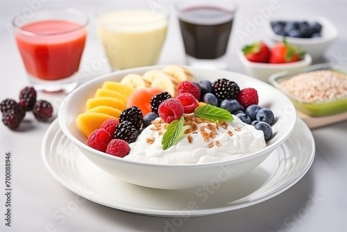 A plate with bright fruits, yogurt and oatmeal on a light table background, symbolizing a healthy breakfast