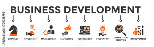 Business development banner web icon vector illustration concept with icon of strategy, investment, management, marketing, technology, innovation, competitor analysis, improvement