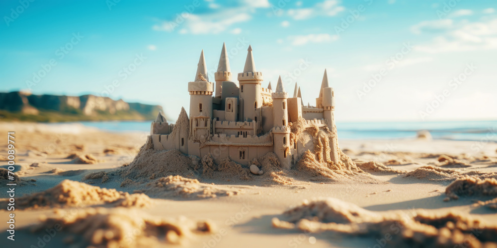Fototapeta premium Grand intricate sandcastle on the beach during a summer day with a bluured city backdrop. Generative AI