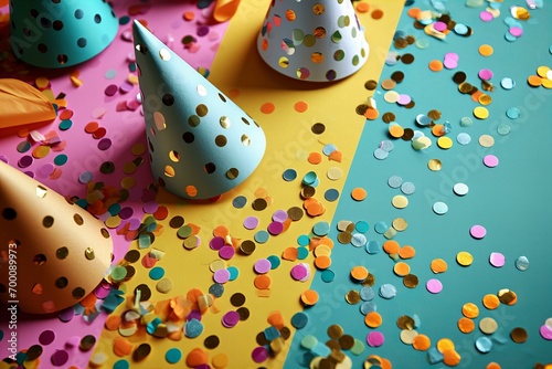 Party confetti and party hats flat lay on a vibrant colorful background.Party confetti and party hats flat lay on a vibrant colorful background