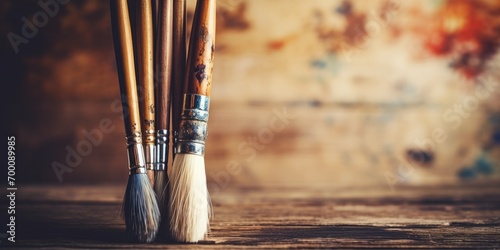 A set of colorful paintbrushes and tools on a wooden artist's table, showing signs of creative work. photo