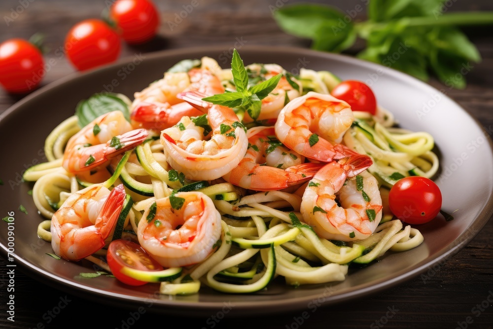 Zucchini pasta with shrimp and tomato, low in calories, on a horizontal plate. Zucchini pasta with shrimp and tomato, low in calories, on a horizontal plate.
