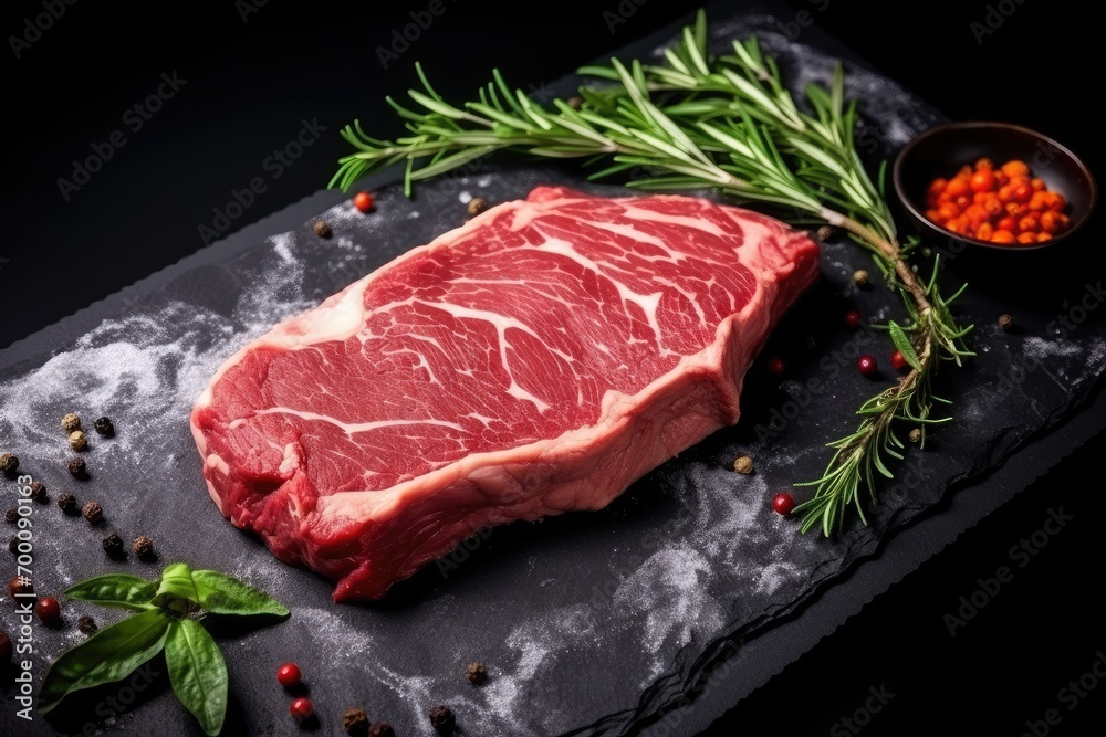 Top view of raw marbled beef steak with herbs on a black background.