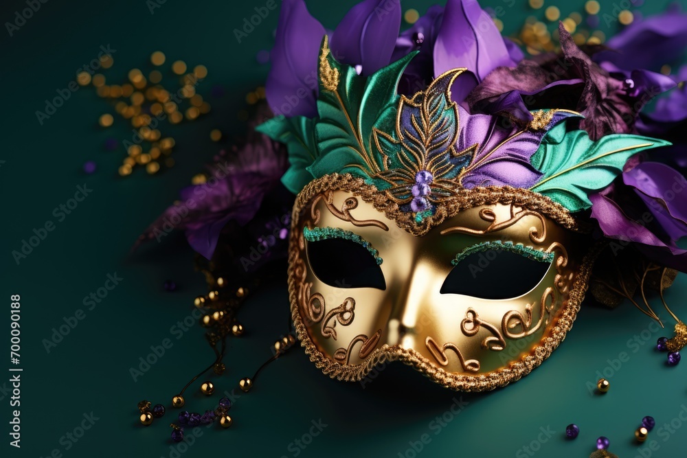 Mardi Gras celebration with masks on colorful background. Party invite or greeting card theme.