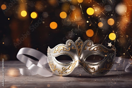 Dark silver bokeh background, design banner for New Year and Christmas party celebration with a luxury Venetian mask. Fantasy carnival masquerade costume event.
