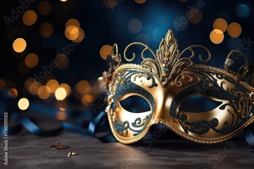 New year and Christmas party design banner with a luxurious Venetian mask on a dark golden bokeh background. Carnival masquerade costume ball with fantasy elements.
