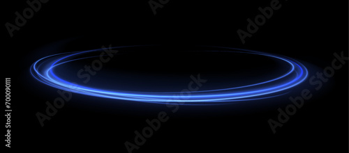 Elegant bright neon linear wave. Abstract light lines of movement and speed with blue color and sparkles. Vector background. Neon glowing curves strewn with sparks in a dark space.	